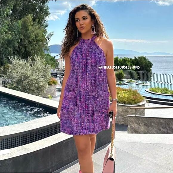 ZARA Mini Dress with Frayed Trims NWT Purple Tweed Size M, L - Picture 2 of 16